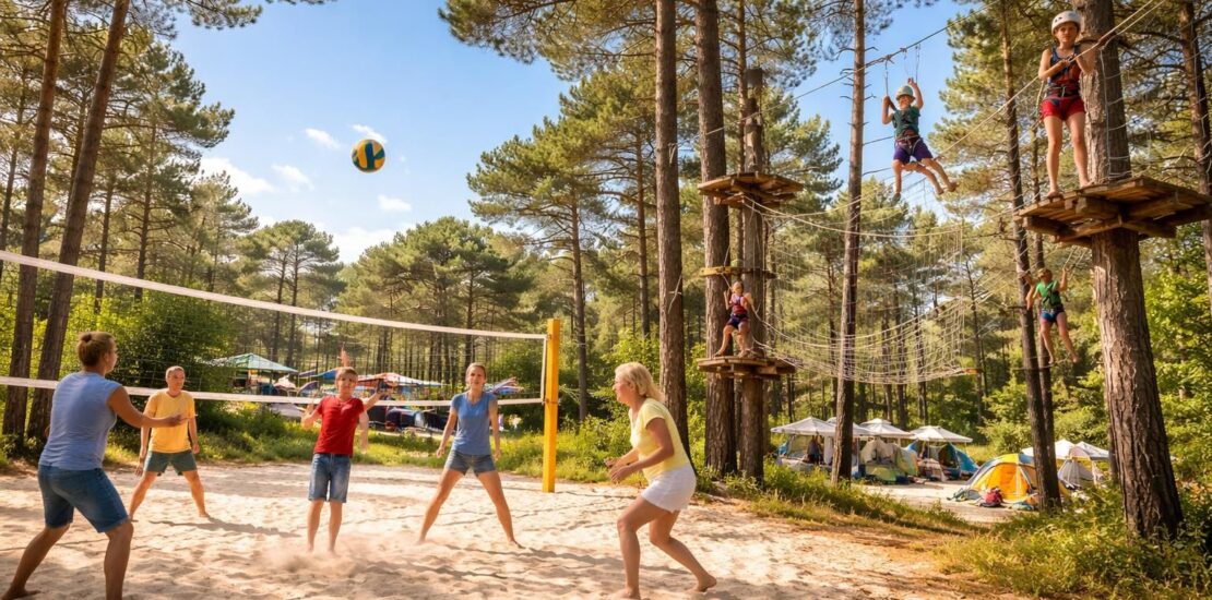 Activités sportives en camping pour toute la famille avec beach-volley et parcours aventure dans les Landes
