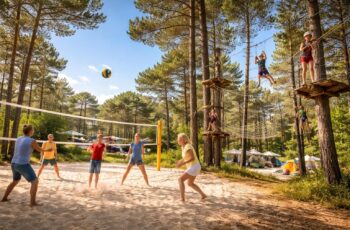 Activités sportives en camping pour toute la famille avec beach-volley et parcours aventure dans les Landes
