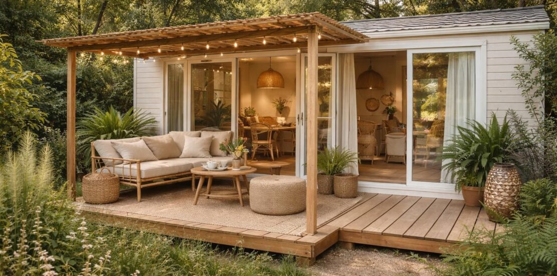 Rénover un mobil-home de camping avec des matériaux légers et une décoration nature inspirée du glamping