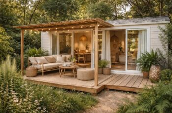 Rénover un mobil-home de camping avec des matériaux légers et une décoration nature inspirée du glamping