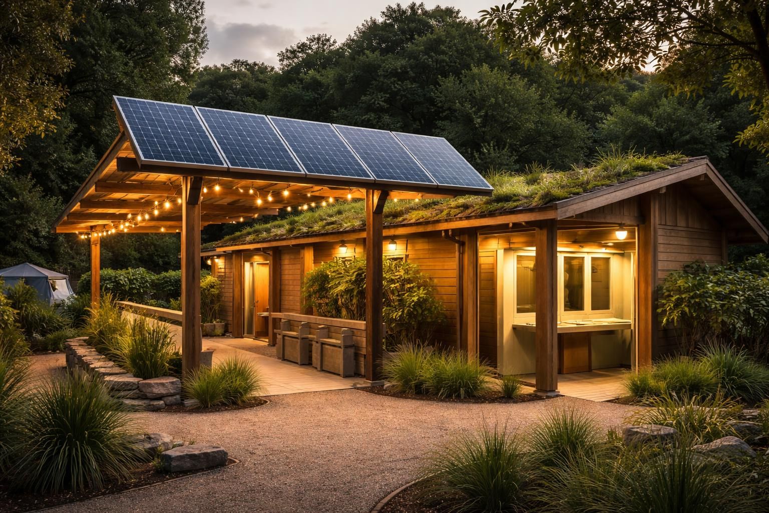 rénover votre camping avec des sanitaires collectifs delabie durables et un éclairage solaire lutec économique pour un espace moderne et respectueux de l'environnement.