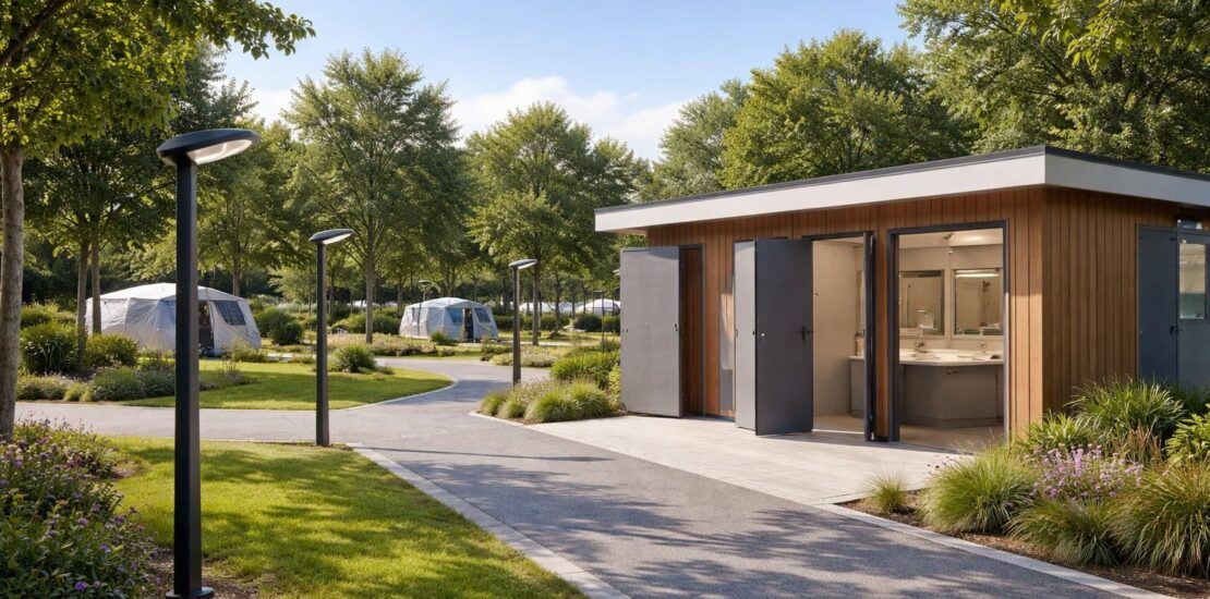 Rénover votre camping avec sanitaires collectifs Delabie et éclairage solaire Lutec