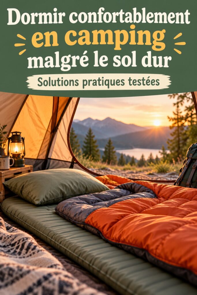 Un campeur confortablement installé dans son sac de couchage sur un sol dur, profitant d'une nuit claire sous les étoiles.