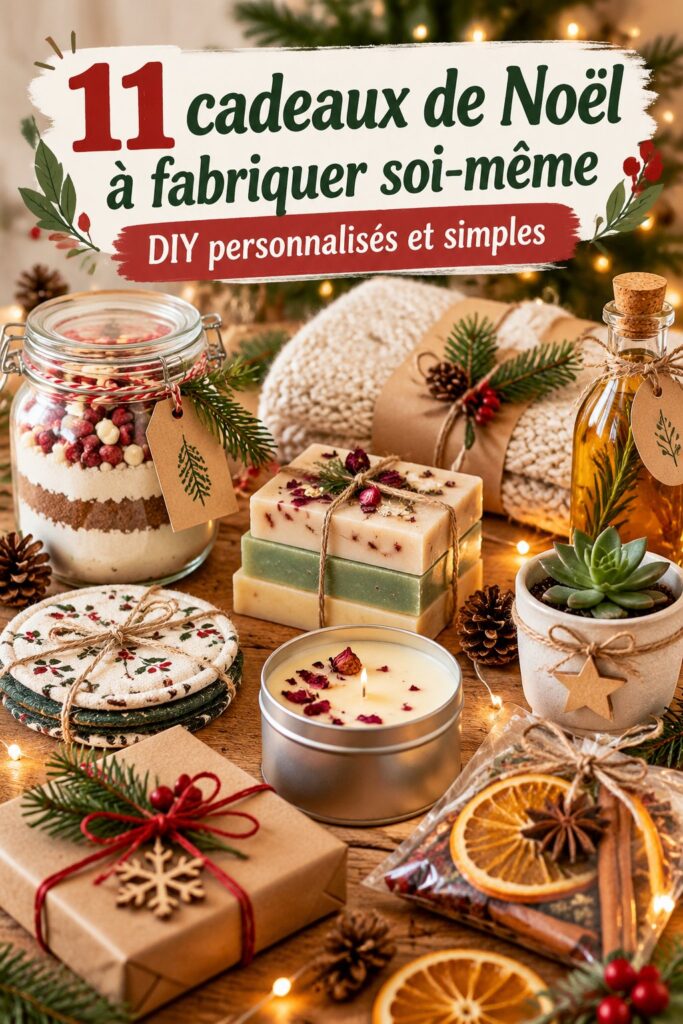 Un ensemble de cadeaux de Noël faits maison sur une table avec des décorations festives.