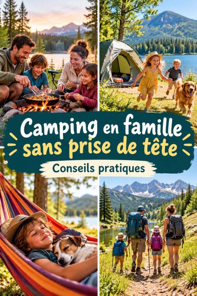 Famille réunie autour de la tente en plein air, prêt à profiter de leur camping sans tracas