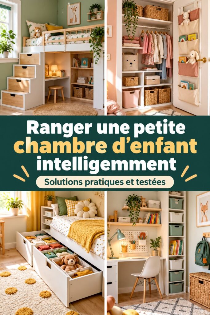 Petite chambre d'enfant optimisée avec rangement mural et lit multifonctionnel.