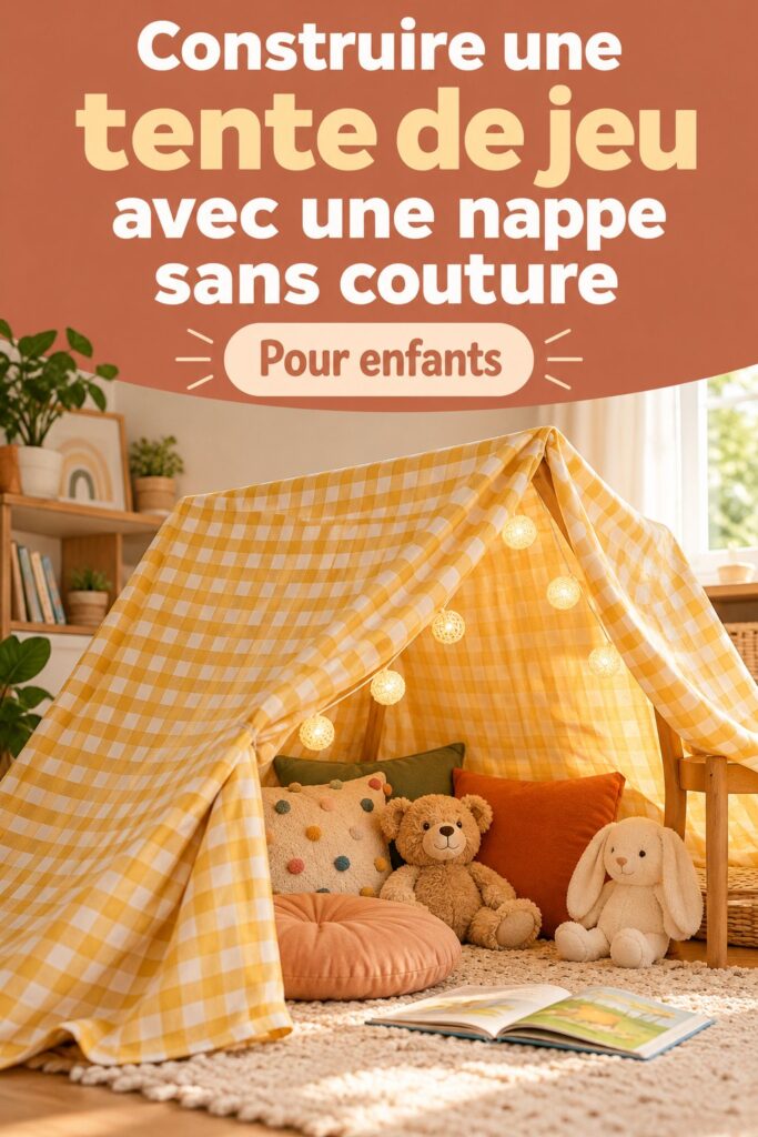 Tente de jeu fabriquée sans couture à partir d'une nappe, située dans un jardin